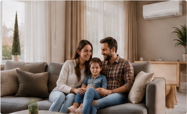 Famille dans un salon chauffe par pompe a chaleur